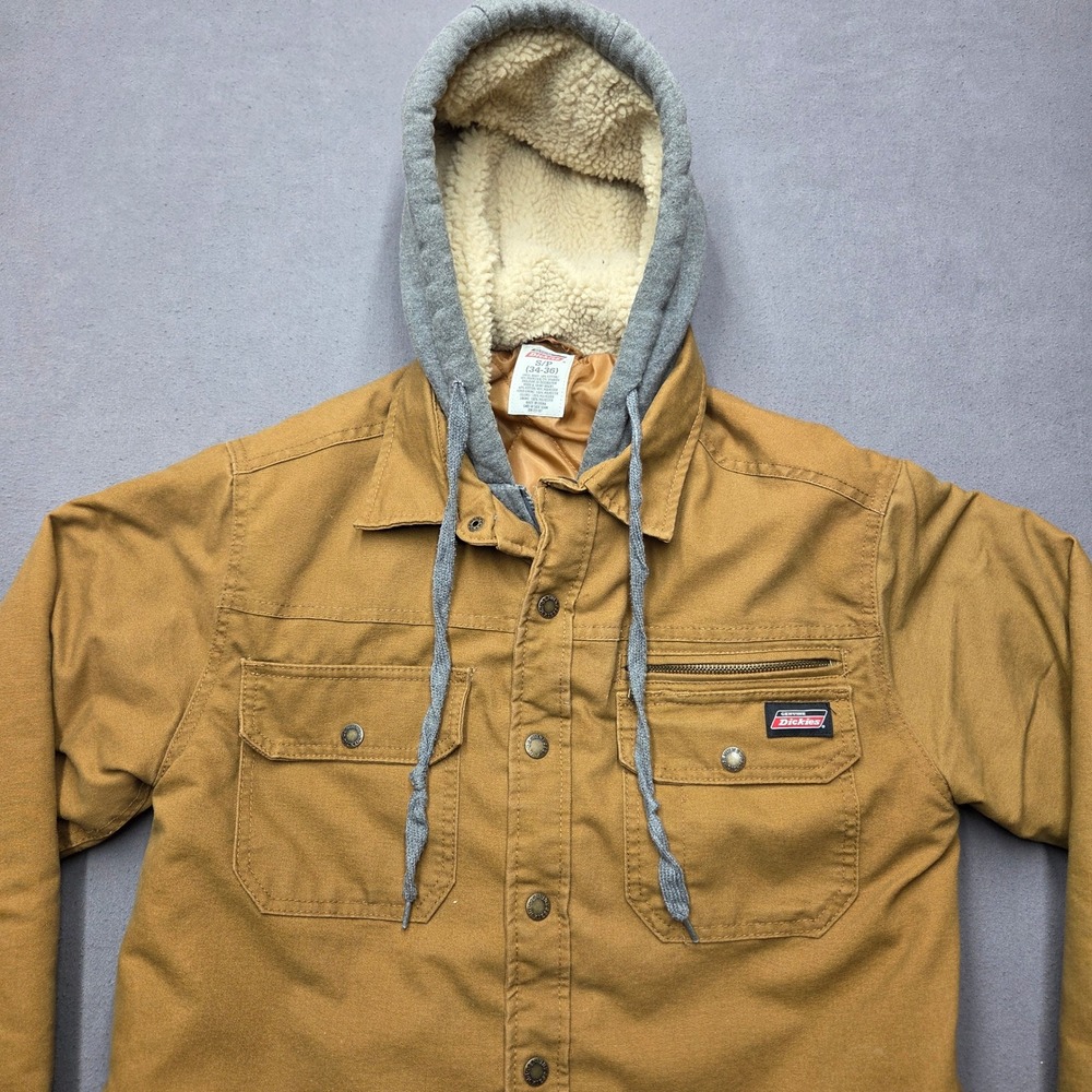 Genuine Dickies Mens Small Brown Canvas Sherpa Lined Hooded Shirt Jacket Coat